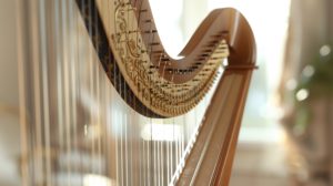 close up Instrument harp with blurry white background, --ar 16:9 Job ID: 8755c97b-bc0c-46ea-a3dc-5f98d22a6e9a